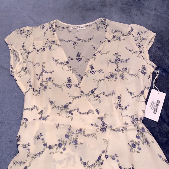 Reformation Dresses & Skirts - Reformation Ivory Emmaline Blue Floral Midi Wrap Carina Dress